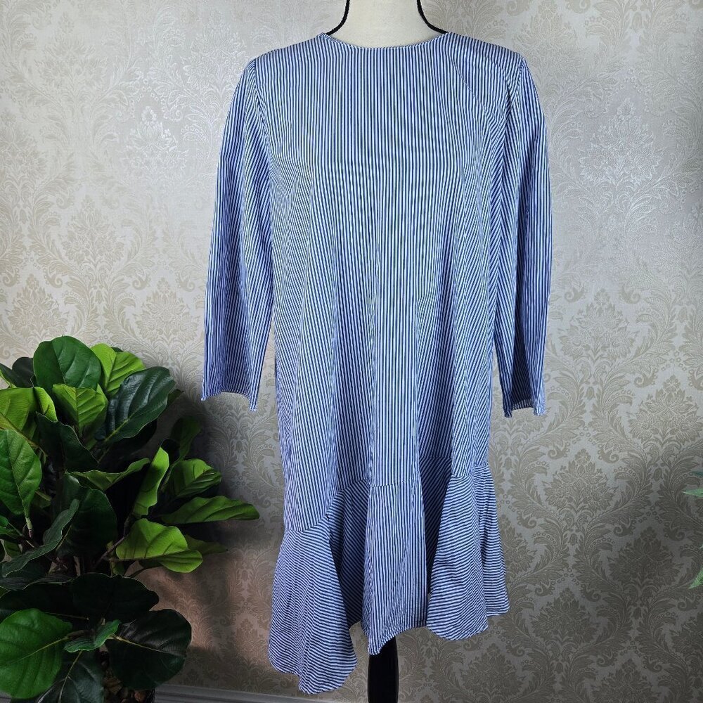 Zara Trafaluc Collection Sz XL Blue White Striped Dress Exposed Back Zip Ruffle